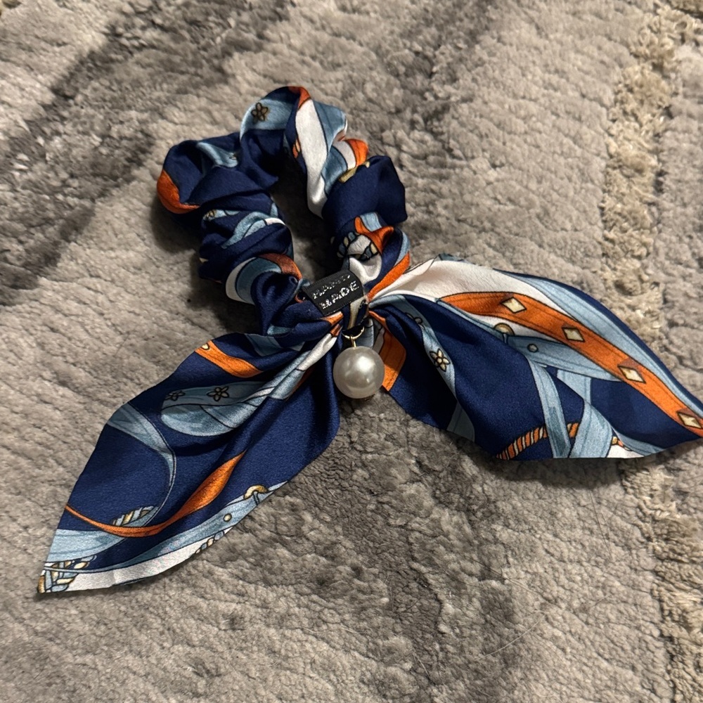 Navy and Orange Silk Scarf Scrunchie